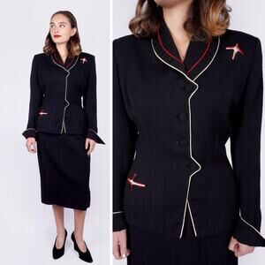 Vintage 1950s Lilli Ann Black Skirt Suit, Fitted Jacket w/ Star Cutouts | S/M